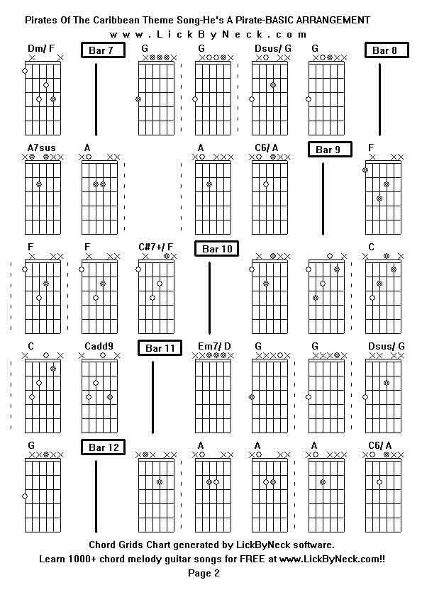 Chord Grids Chart of chord melody fingerstyle guitar song-Pirates Of The Caribbean Theme Song-He's A Pirate-BASIC ARRANGEMENT,generated by LickByNeck software.